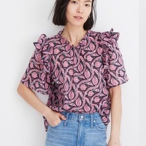 Banjanan Eve Ruffle Sleeve Top - Pink/ Navy